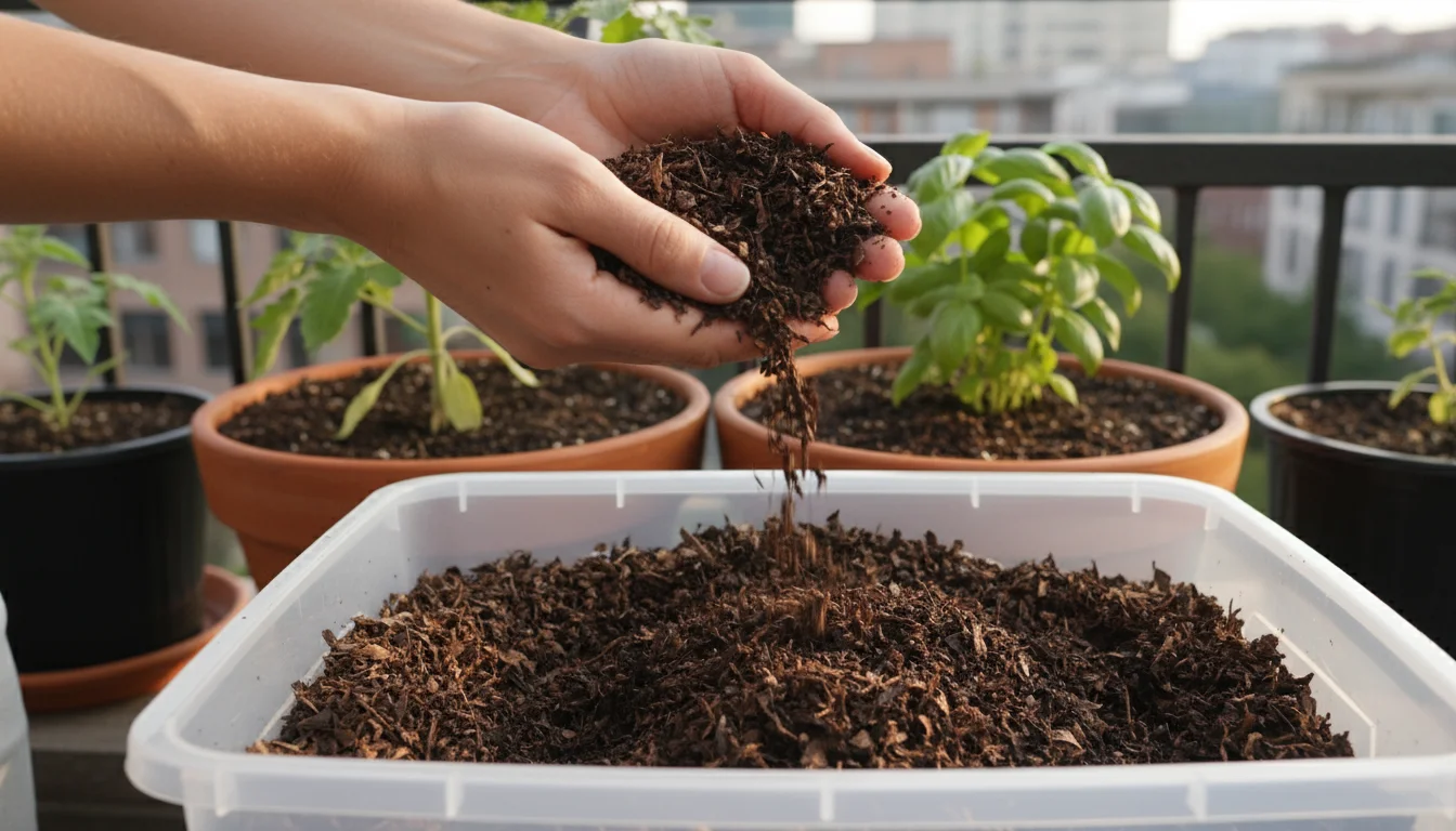 Hands gently sifting dark, shredded leaf mulch over a clear bin on a sunny balcony, with blurred container plants in background.