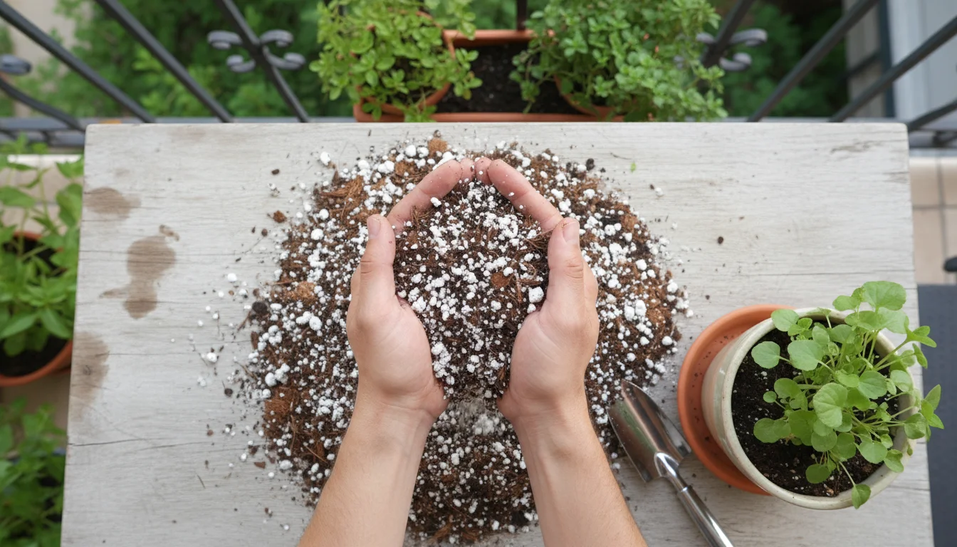Overhead shot of hands gently sifting a fluffy potting mix on a wooden balcony table, clearly showing white perlite and fibrous coir.