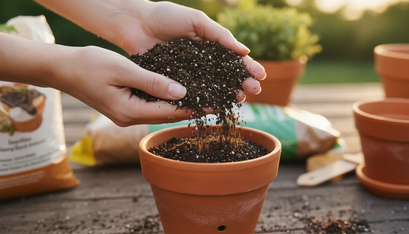 Hands gently sifting fresh, dark, well-aerated potting mix with visible perlite into a terracotta pot on a patio.