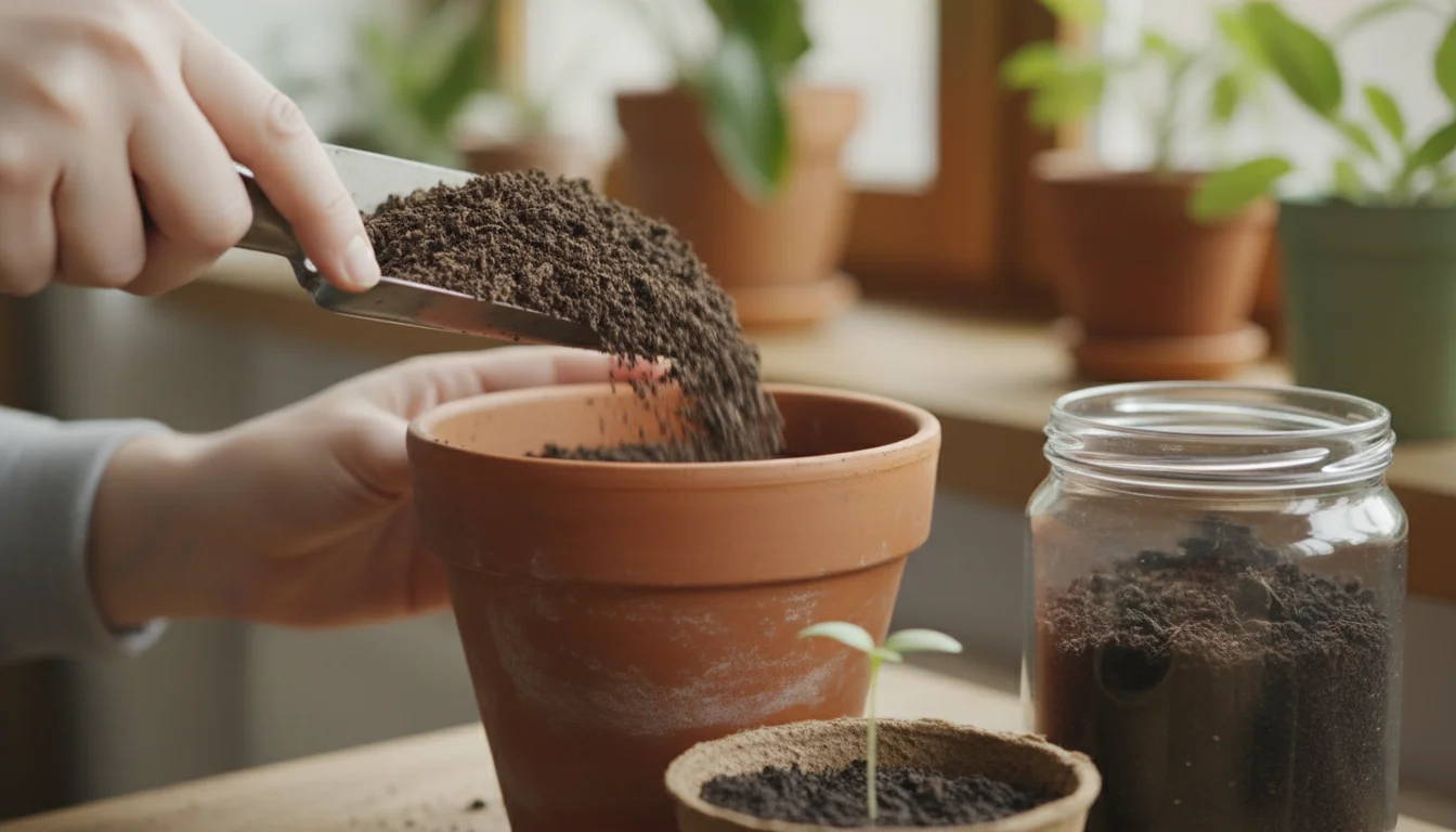 Hands sifting light, airy potting mix into a terracotta pot, next to a jar of dense garden soil on a sunlit potting bench.