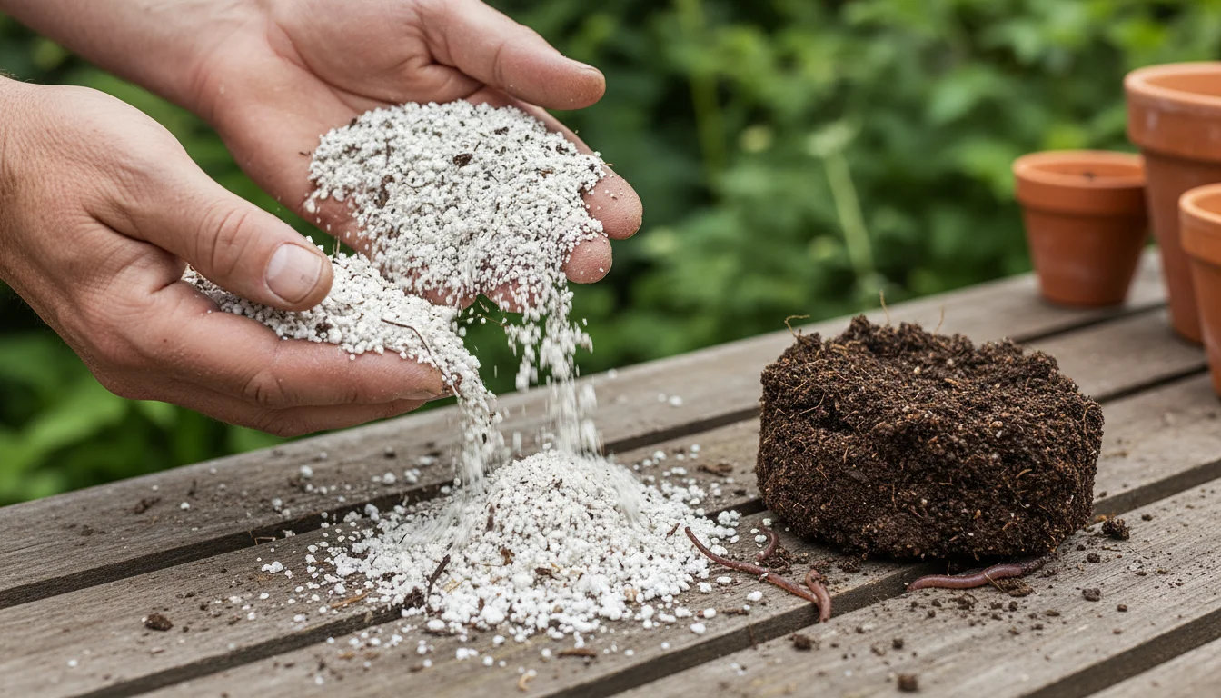Hands gently sifting light, airy potting mix with visible perlite, contrasted with a clump of dense garden soil on a wooden surface.