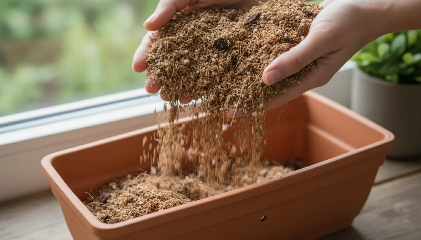 Close-up of hands gently sifting light, fibrous peat-free potting mix, rich with coco coir and bark, into an empty terracotta window box.
