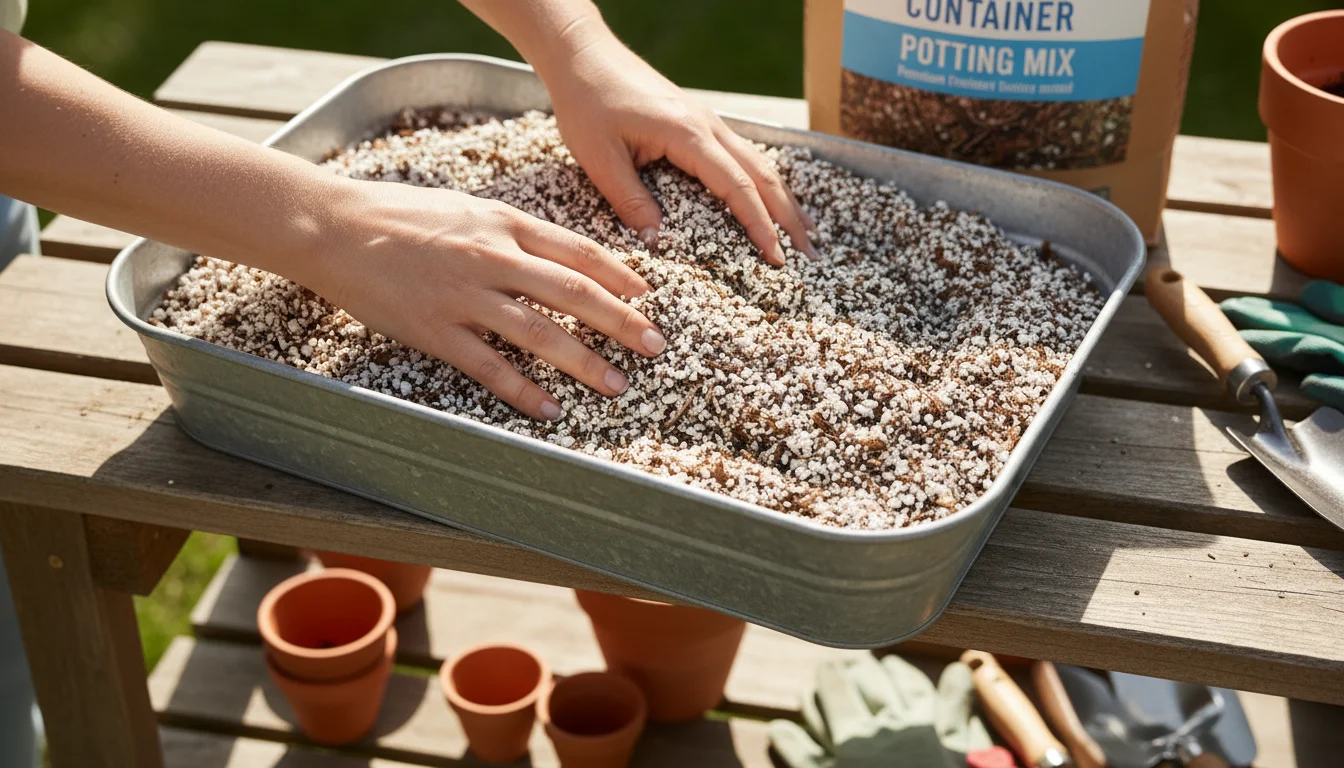 Hands gently sifting lightweight, soilless potting mix with visible perlite and coco coir in a bin on a wooden bench, a 'Container Mix' bag blurred be