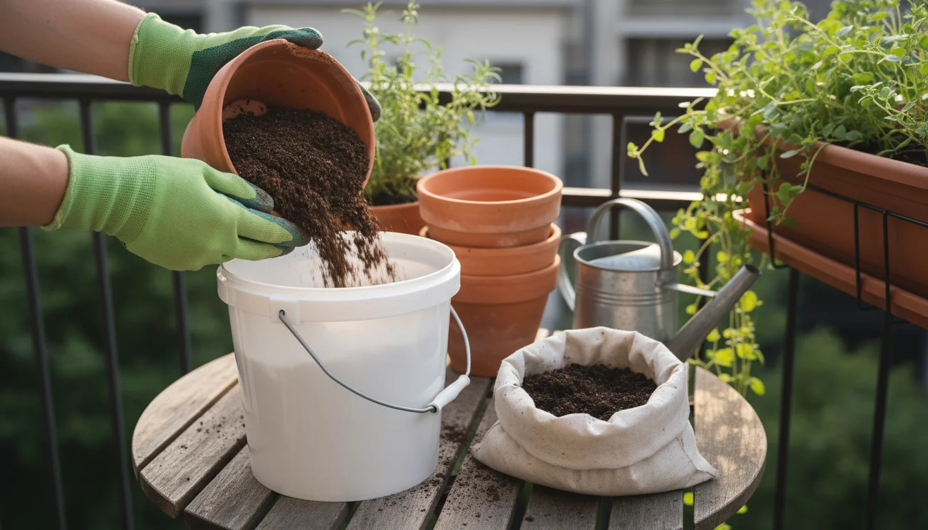 Hands sifting old potting mix into a bucket on a balcony, with a small compost container and stacked terracotta pots in soft light.