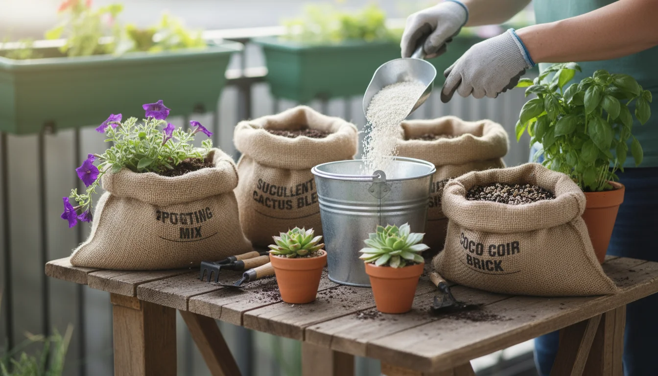 Hands sifting perlite on a potting bench, surrounded by various potting mixes and different container plants like petunias, succulents, and basil.