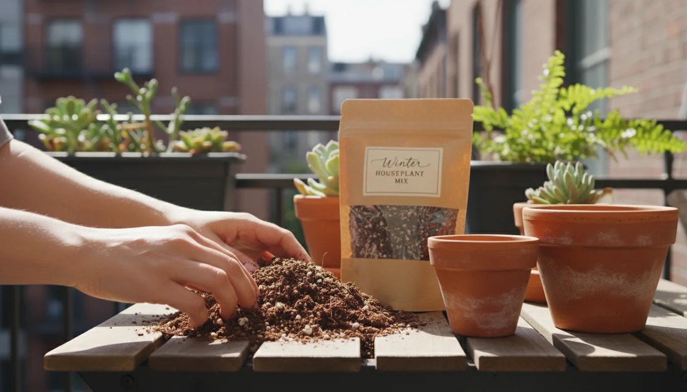 Hands sifting through specialized potting mix next to two empty terracotta pots and a healthy houseplant on a sunny urban balcony.
