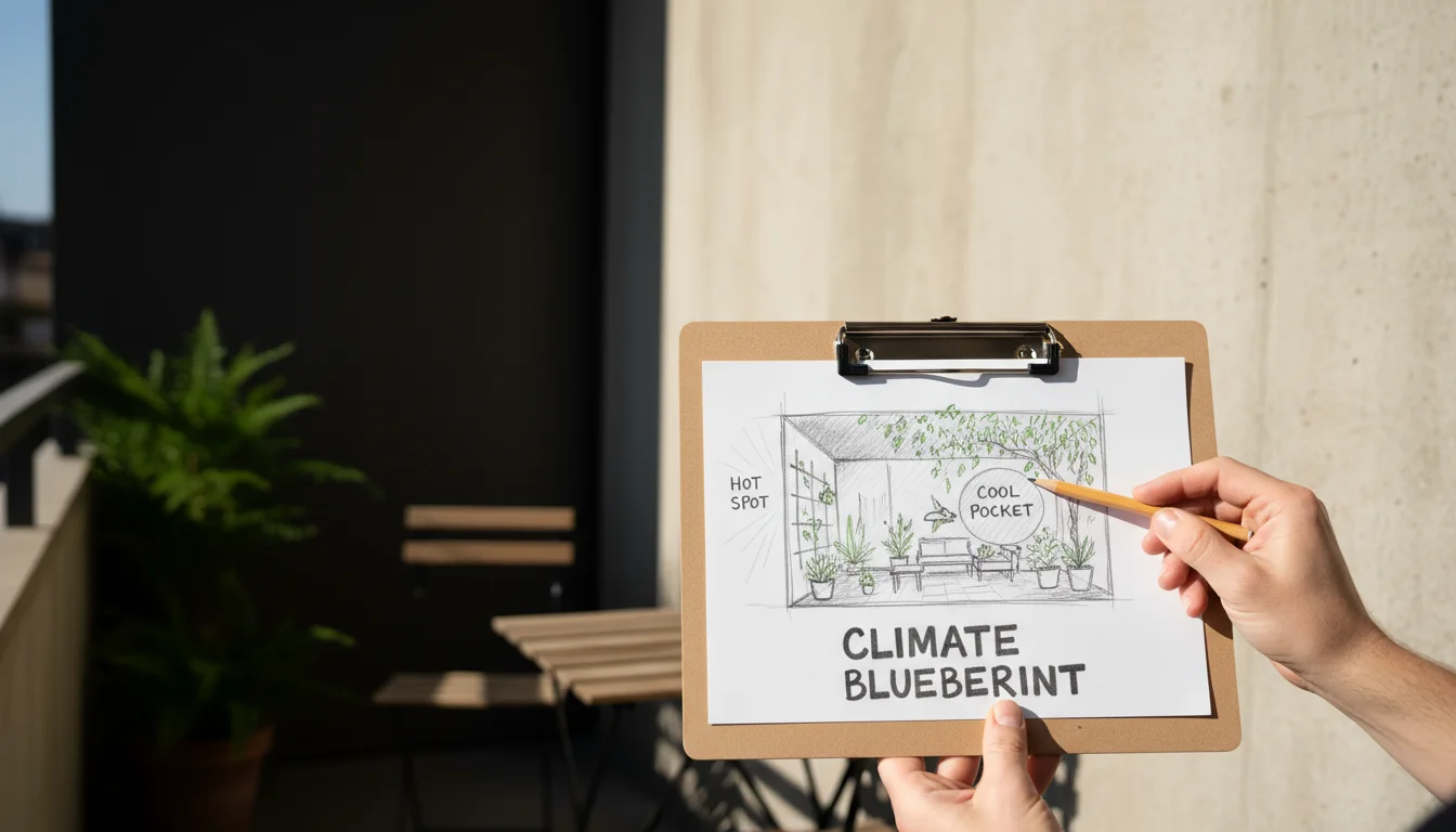Hands sketching a balcony layout, indicating sun and shade zones, with a blurred balcony in the background.