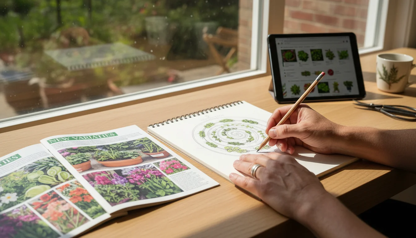 Hands sketching a container garden plan in a notebook on a desk, surrounded by open seed catalogs and a tablet by a window.