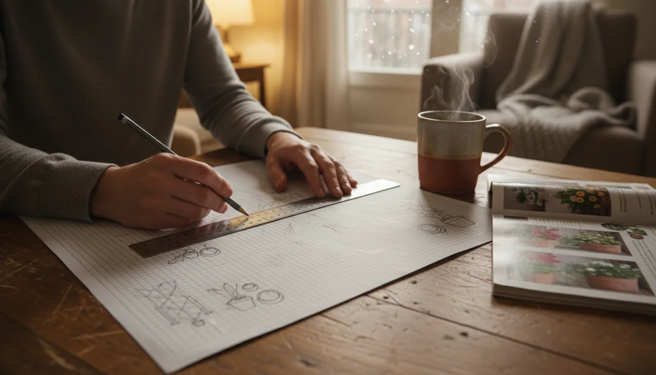 Hands sketching a detailed balcony garden plan on graph paper with a pencil and ruler, a warm mug of tea and gardening magazine nearby.