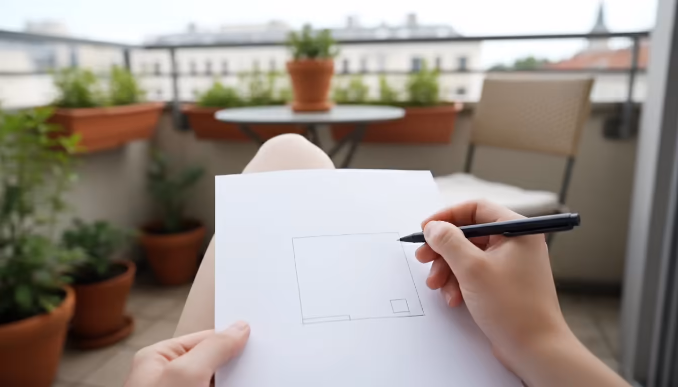 Close-up of hands sketching a simple balcony layout with a pen on paper, with blurred container plants and a railing in the background.