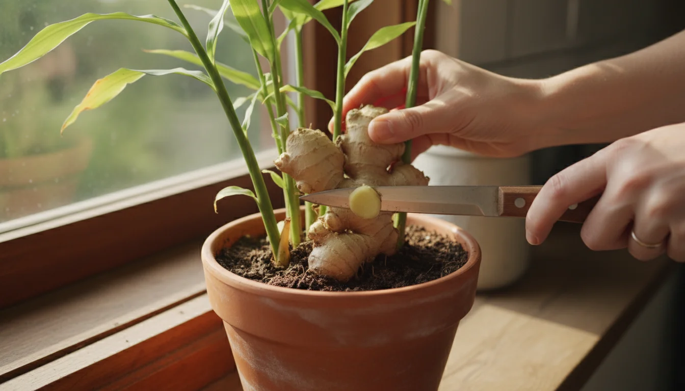 Hands gently slice a small piece of ginger rhizome from an in-pot plant on a bright windowsill with a sharp knife.