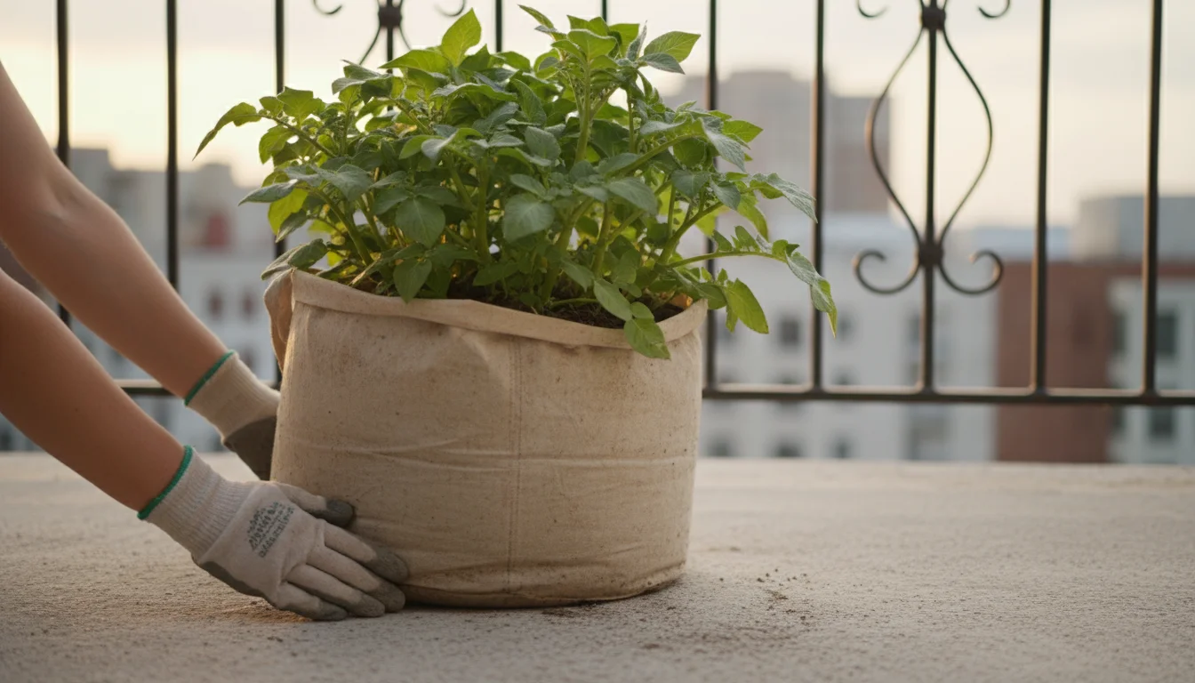 Hands gently slide a fabric potato grow bag with lush green foliage across a sun-dappled, compact urban balcony floor.