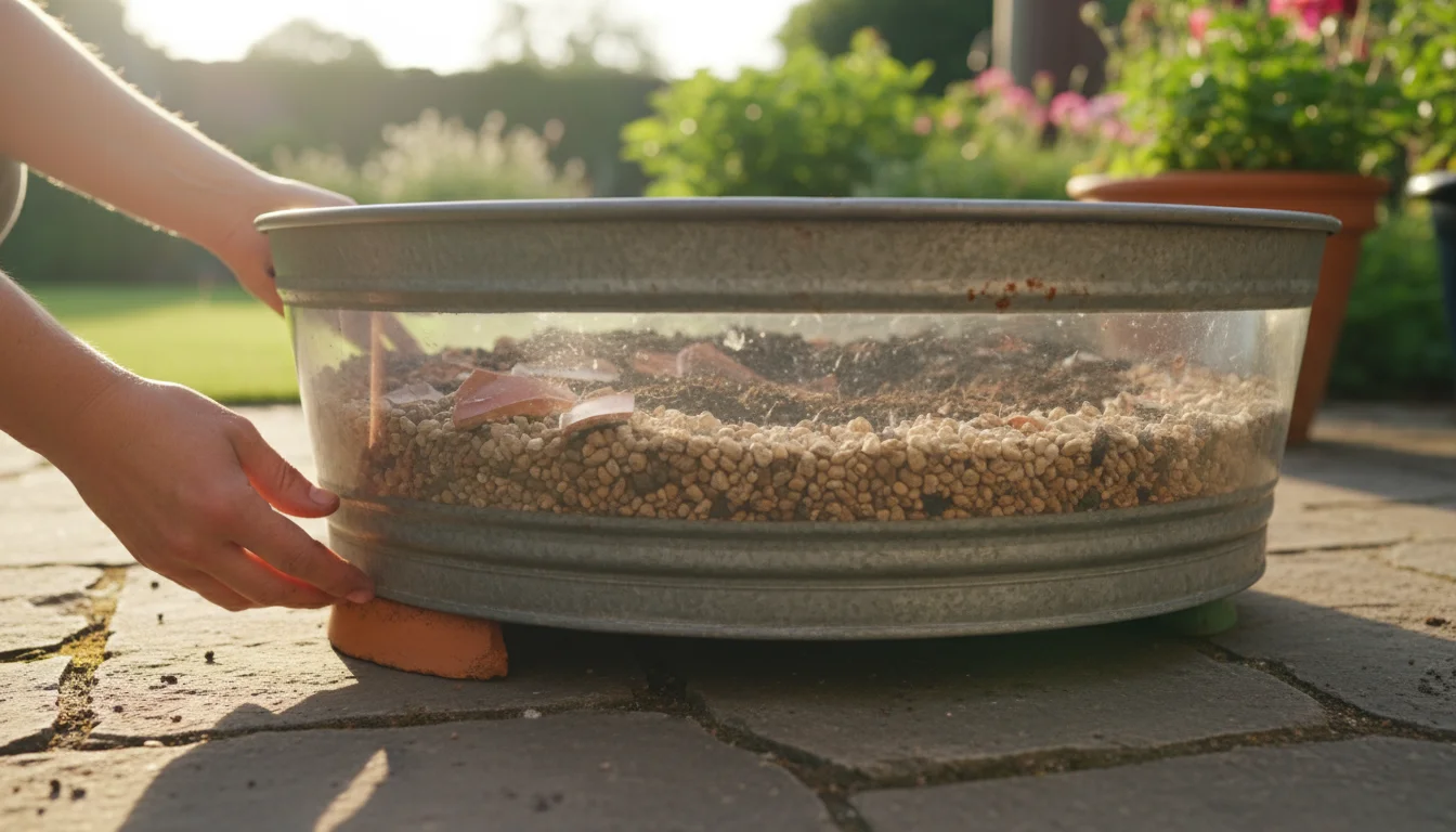Hands slide a terracotta pot foot under a galvanized tub planter, revealing gravel and broken pottery for drainage on a patio.