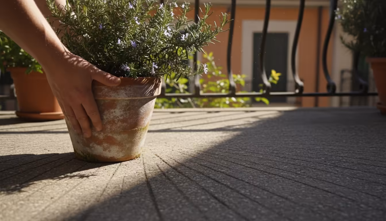 Hands sliding a potted rosemary plant from bright sun into a deep shadow on a balcony floor, illustrating the 'Shadow Shift' strategy.