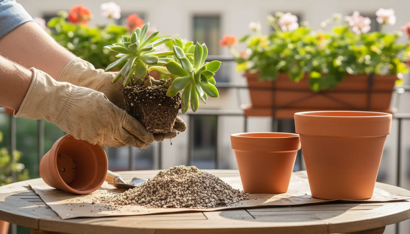 Hands gently sliding a small, healthy succulent from its old pot. Two new terracotta pots (one correctly sized, one too large) and fresh potting mix a