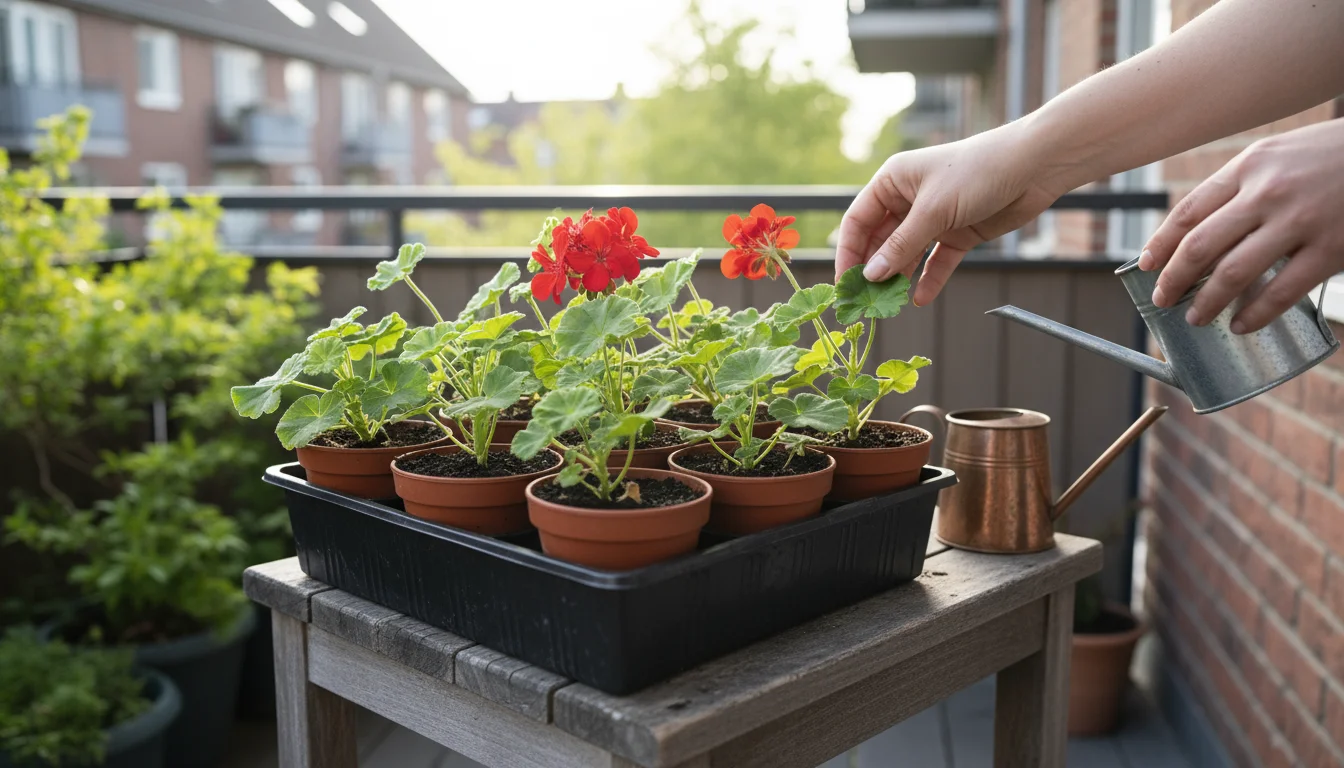 Hands tending small geranium and coleus cuttings in pots on a balcony stool, ready for hardening off.