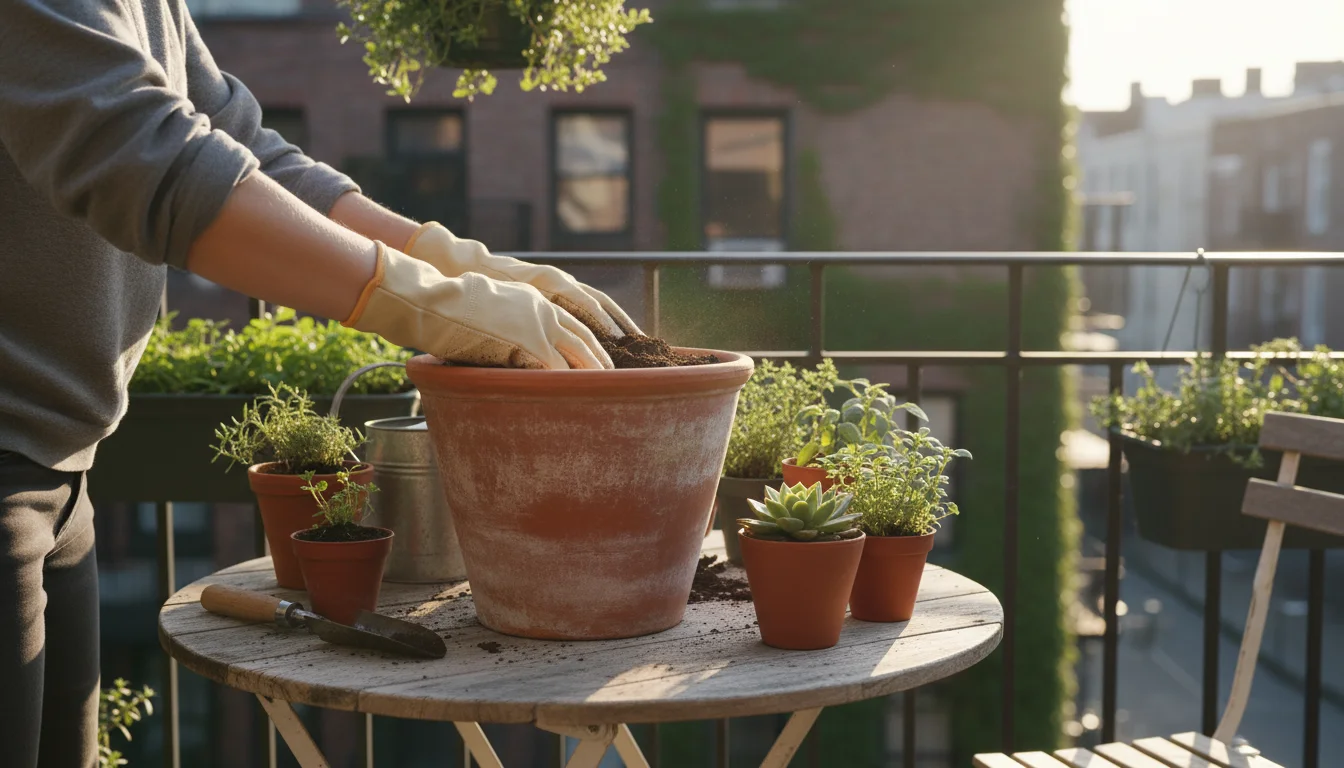 Hands smoothing potting soil in a deep terracotta pot on a wooden table, next to an open garden journal, beet seeds, and a trowel, on a sunlit patio.