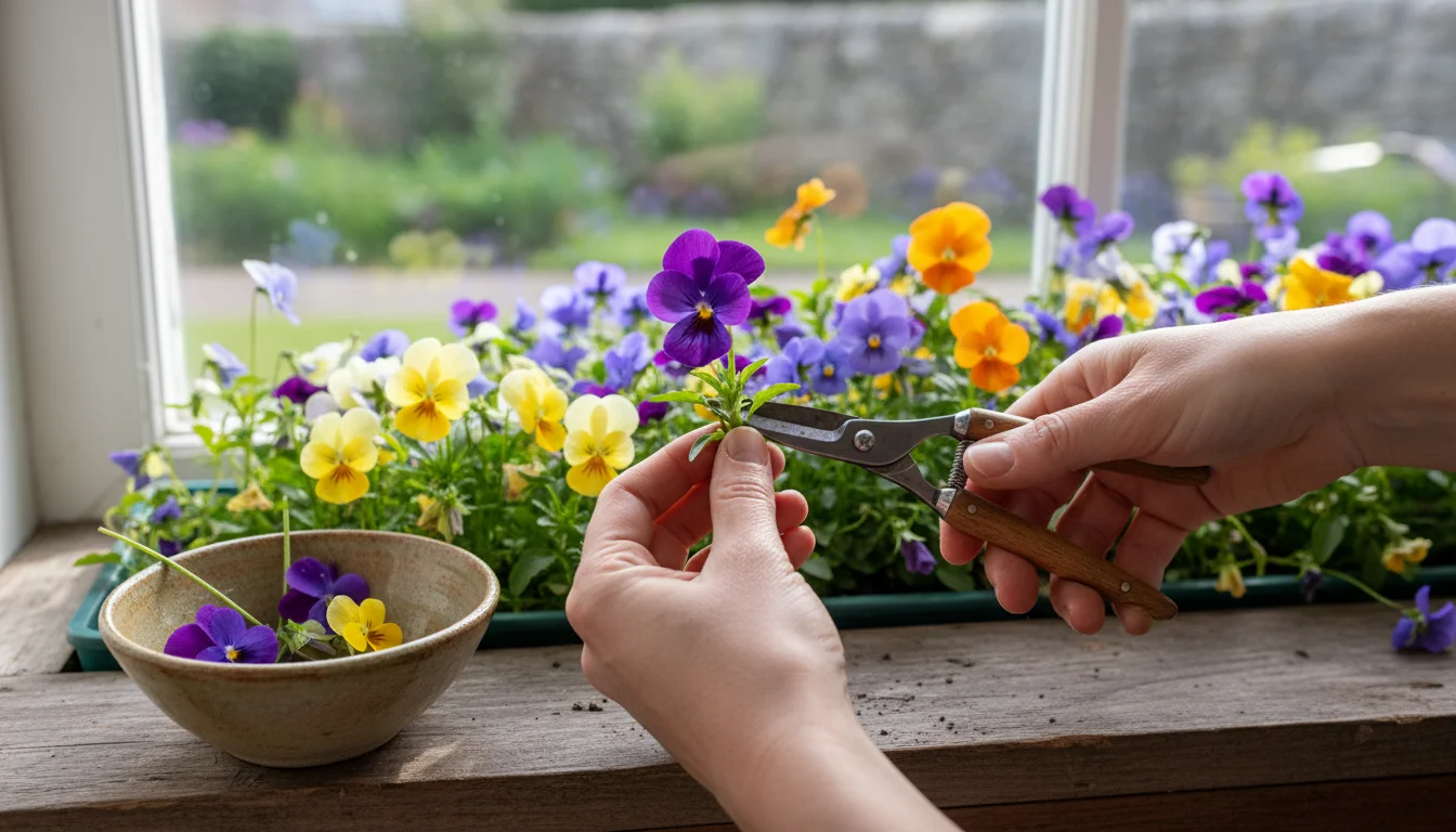 Hands carefully snip a fresh purple viola from a vibrant window box filled with colorful pansies in soft morning light.