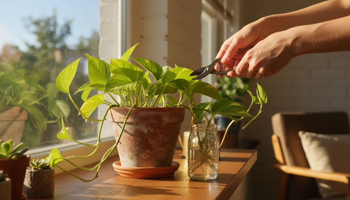 Hands snip a Pothos cutting from a potted plant on a windowsill; a new cutting roots in a glass jar nearby.