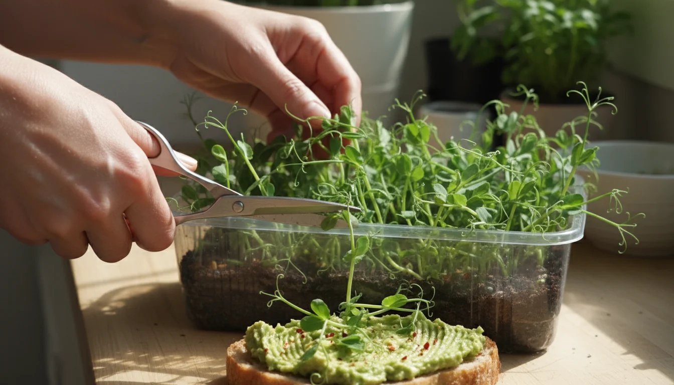 Hands snip vibrant green pea shoots from a kitchen counter grow tray directly onto a slice of avocado toast, highlighting fresh harvesting.