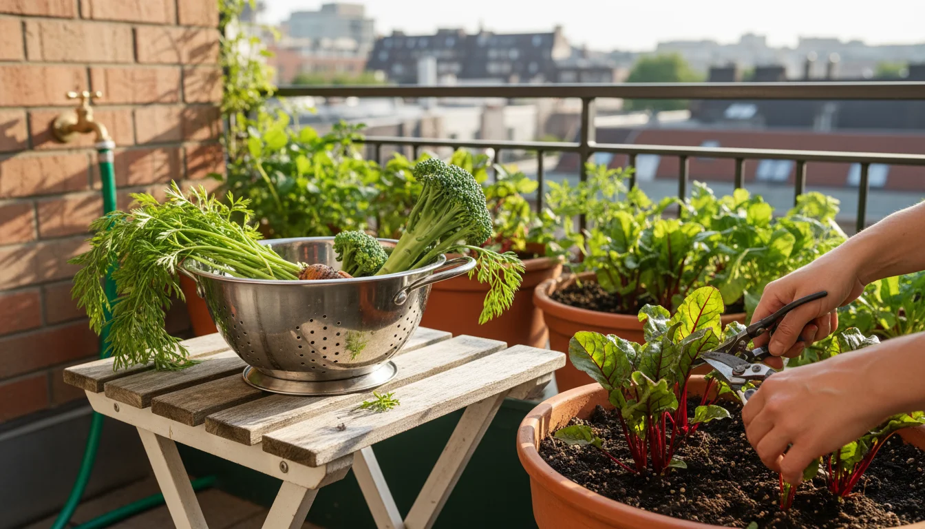 Hands gently snip young beet greens from a terracotta pot on an urban balcony, next to a colander with carrot tops and broccoli stems.