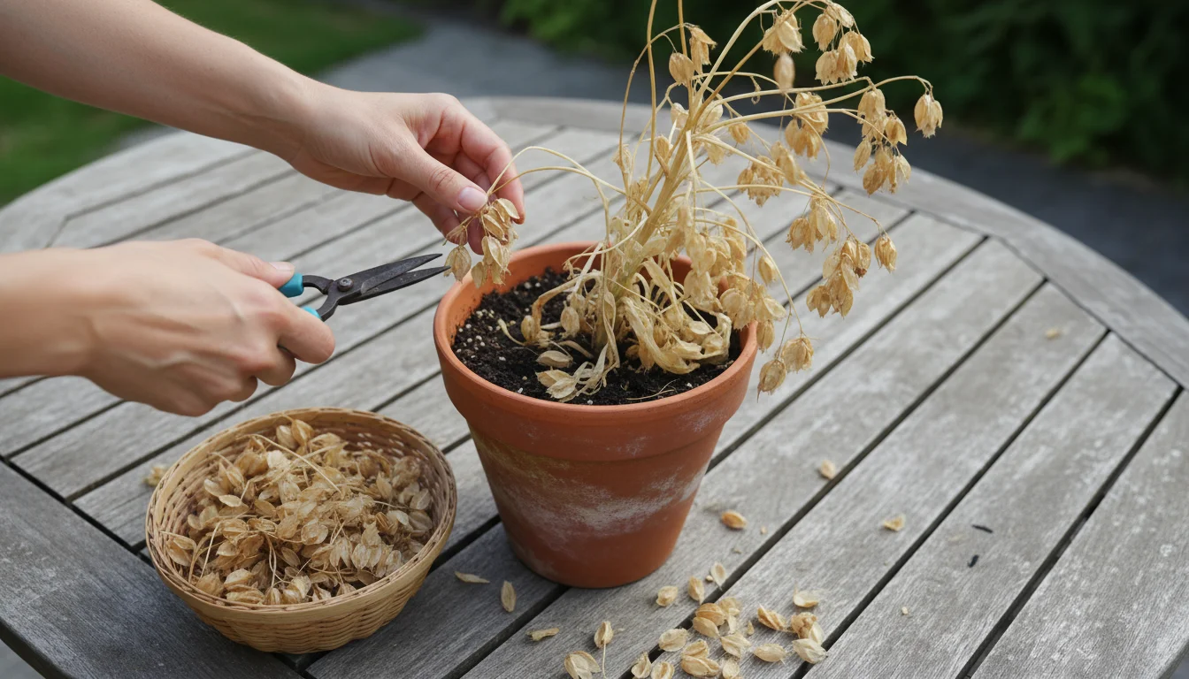 Close-up of hands snipping dry, golden-brown seed heads from a bolted romaine lettuce plant in a terracotta pot on a patio table. A kraft paper bag ho