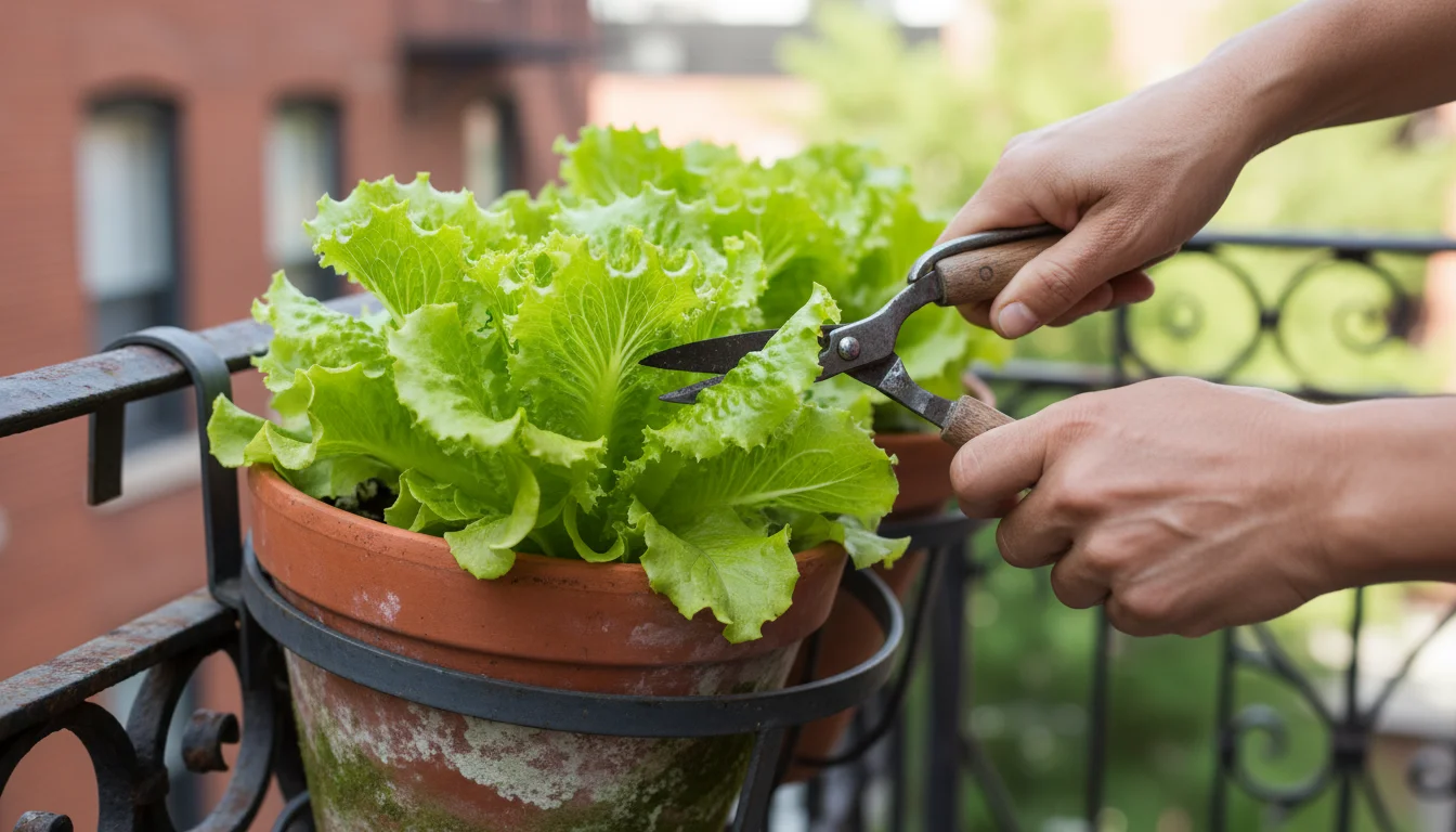 Close-up of hands snipping fresh 'Black Seed Simpson' lettuce leaves from a rustic terracotta pot on an apartment balcony railing, showing new growth.