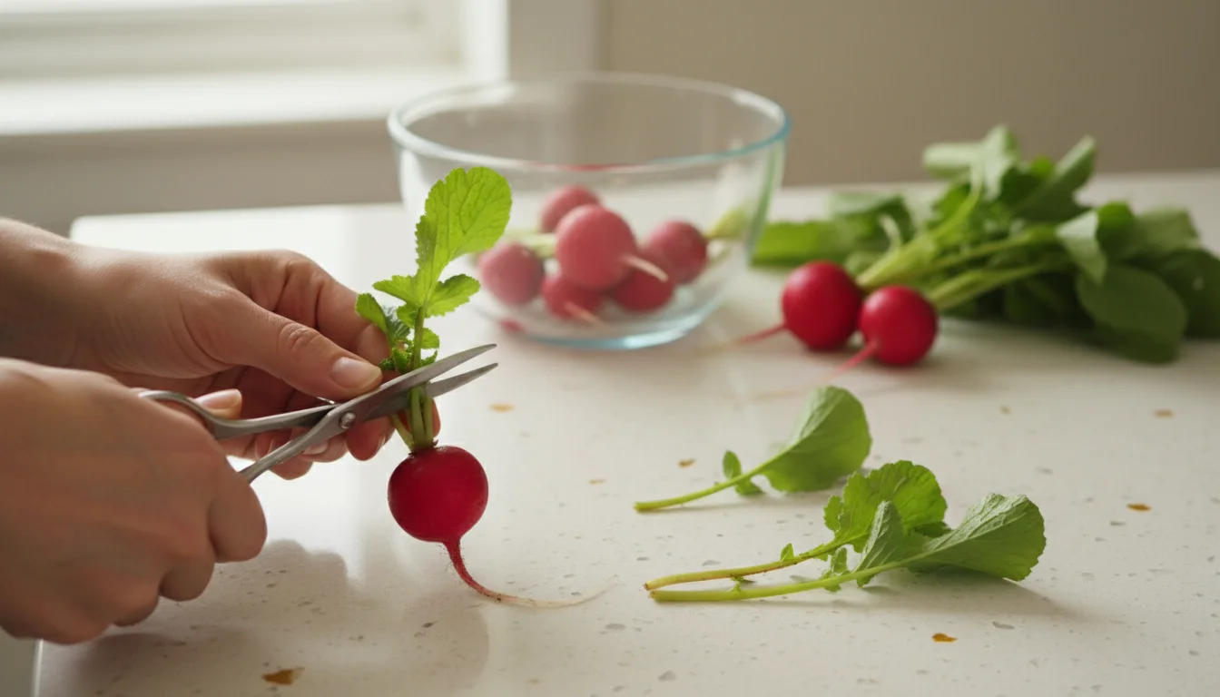 Hands snipping green tops from freshly harvested red radishes on a kitchen counter, with greens piled nearby.