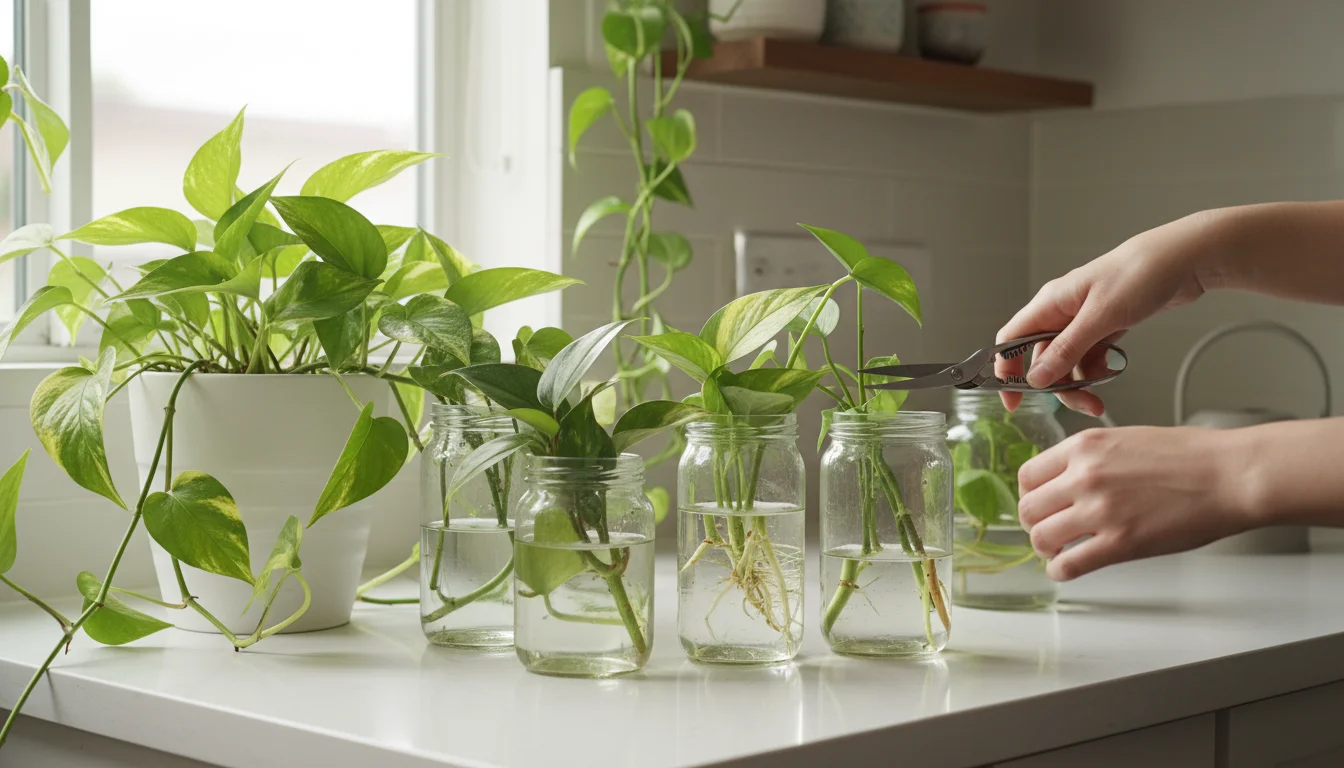 Close-up of hands snipping a Pothos stem, with clear jars holding Pothos and Philodendron cuttings nearby on a bright counter.