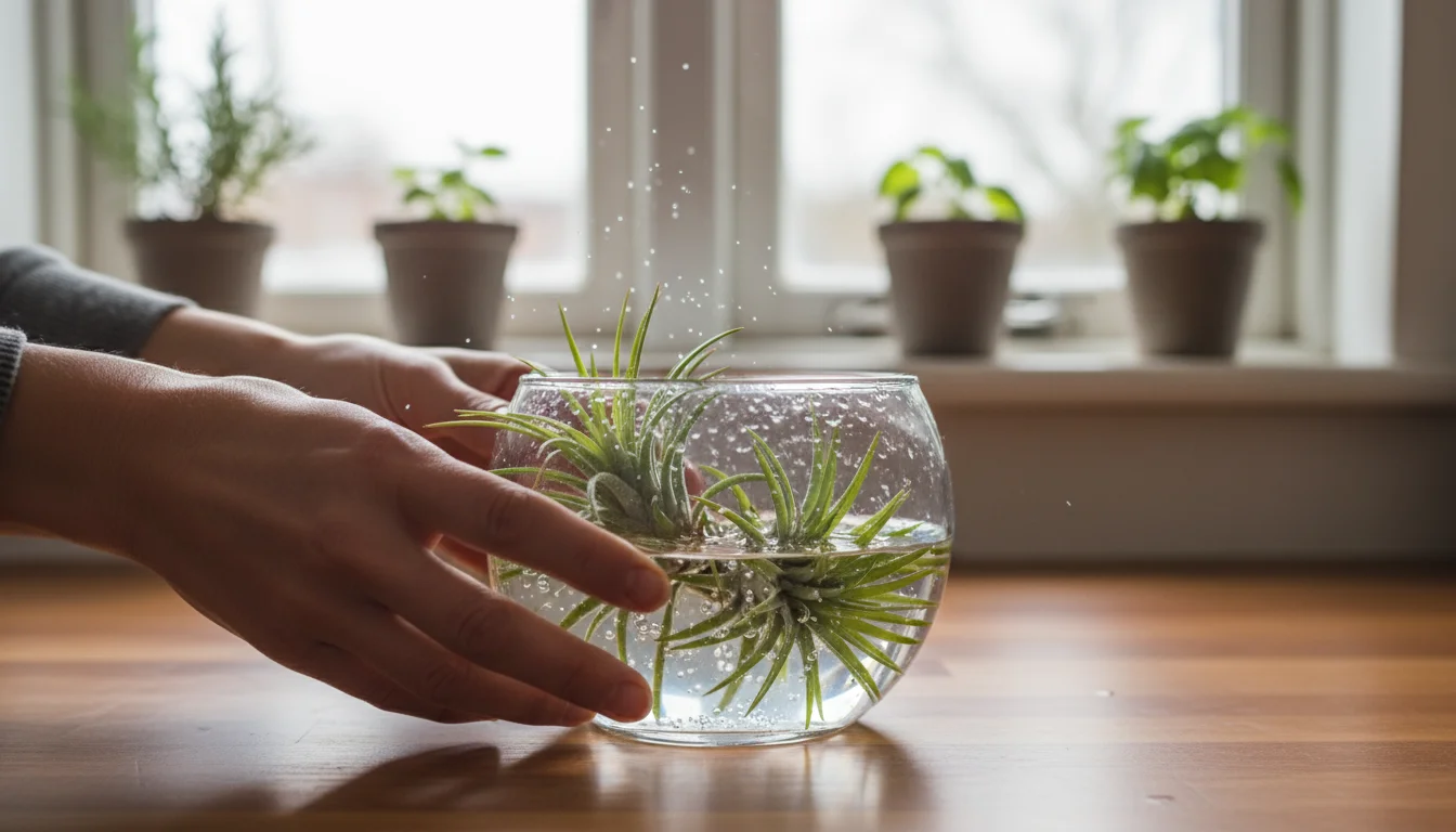 Hands soaking Tillandsia air plants in a clear glass bowl on a counter near a bright window.