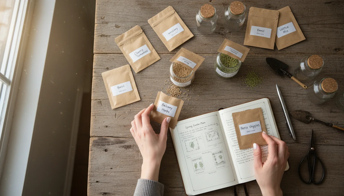 Hands sort colorful seed packets, pouring tiny seeds into small, labeled storage containers like 'Balcony Herbs' on a wooden table.