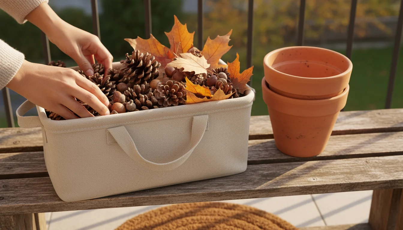 Hands sort dried pinecones and acorns into a storage bin next to stacked empty terracotta pots on a wooden shelf.