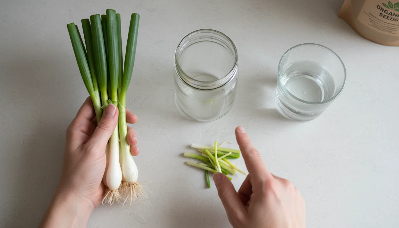 Hands sort fresh green onions on a kitchen counter, next to a clear glass jar, a glass of water, and a small bag of potting mix.
