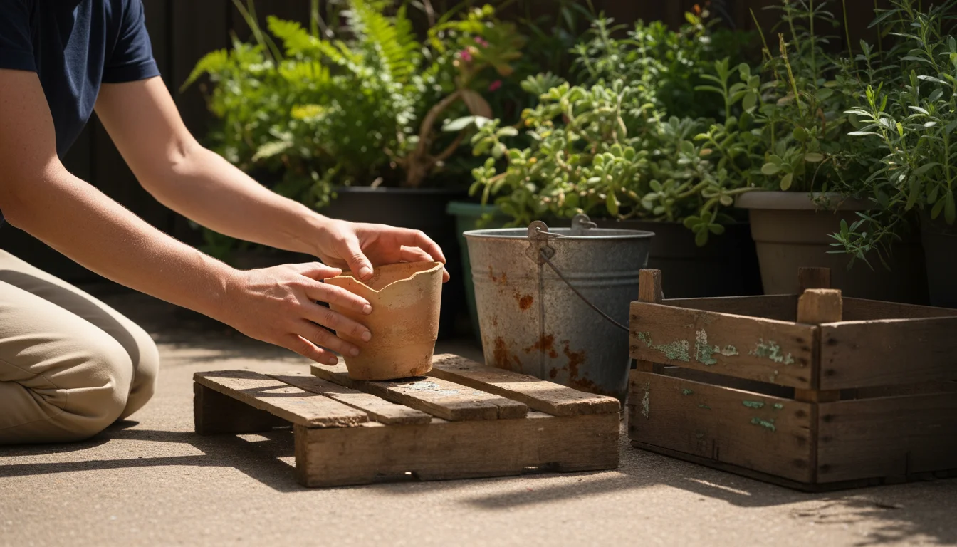 Hands sort through salvaged items like pallet wood, a metal bucket, and a ceramic pot on a patio for DIY gardening.