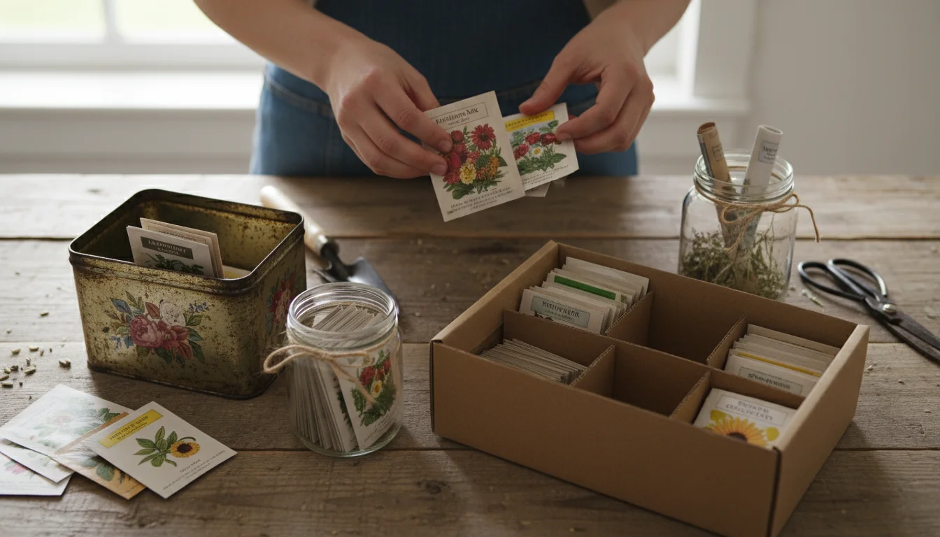 Hands sorting colorful seed packets into a vintage tea tin, an upcycled shoebox, and glass jars on a wooden table.