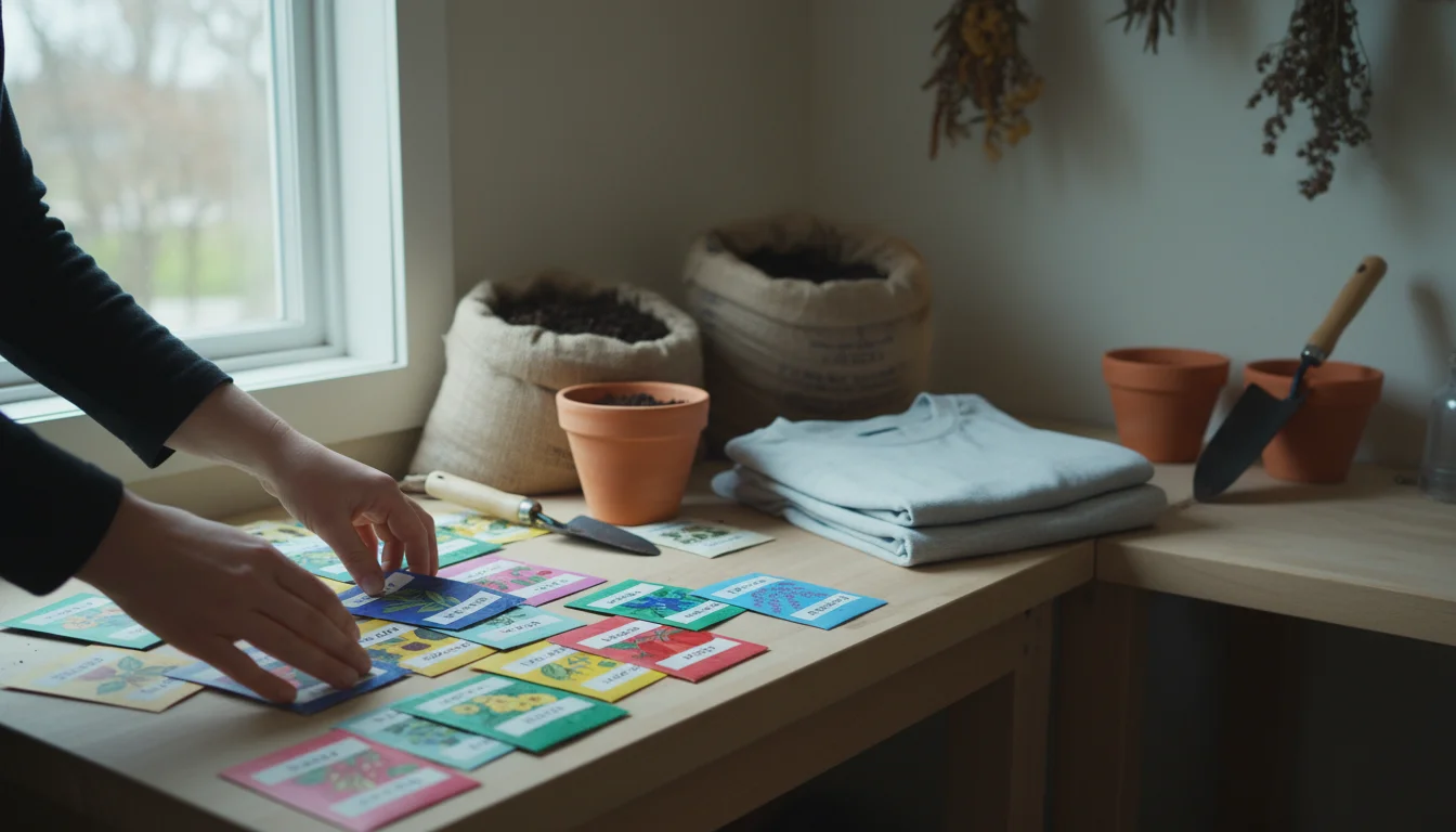 Hands sorting diverse seed packets on a table, with large bags of potting mix and plain terracotta pots stacked nearby, bathed in soft natural light.