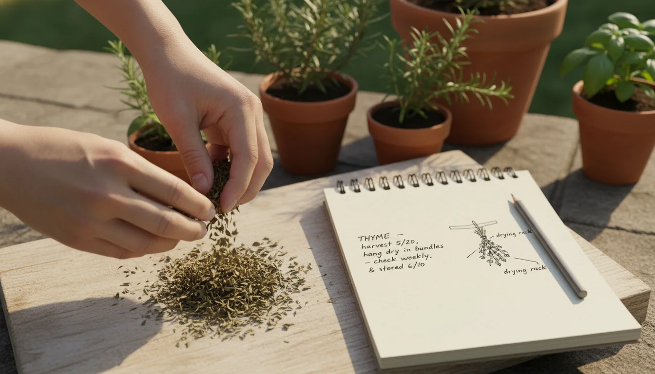 Hands gently sorting dried thyme leaves on a wooden board next to an open notebook. Blurred container plants on a patio.