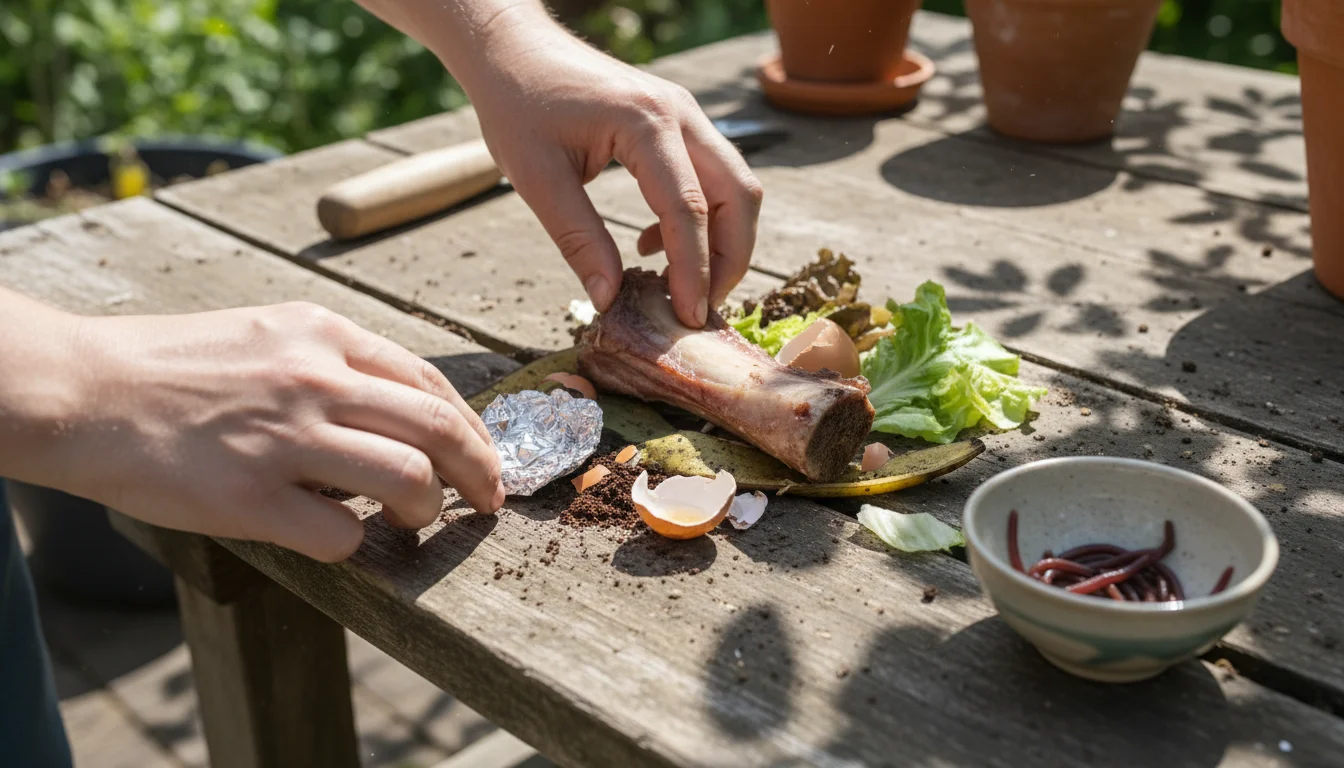 Hands sorting kitchen scraps on a patio potting bench, pushing a large bone, moldy bread, and plastic wrapper away from fresh vegetable peels, next to