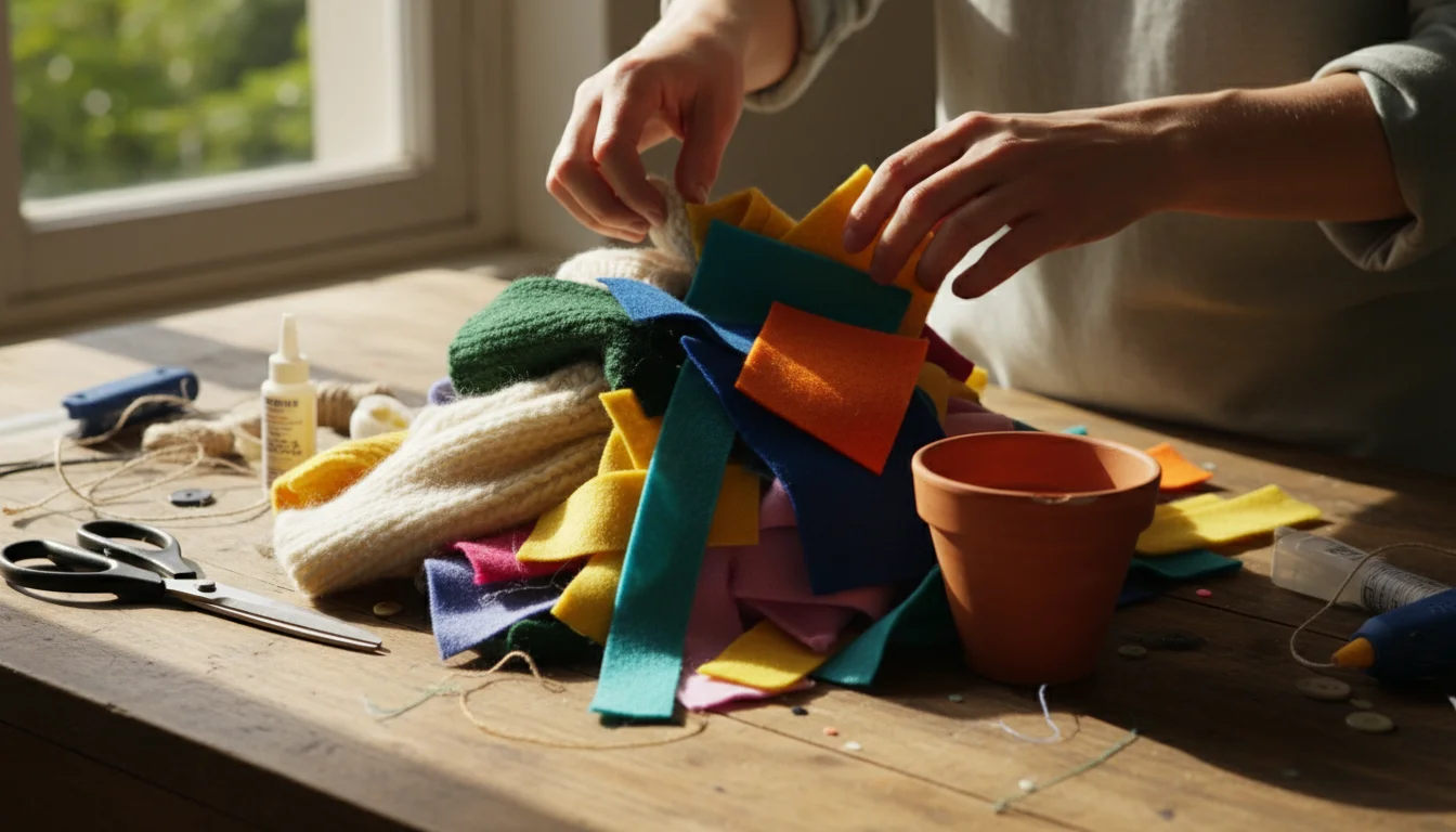 Hands sorting a pile of colorful fabric scraps on a table, surrounded by scissors, fabric glue, a measuring tape, and other no-sew tools.