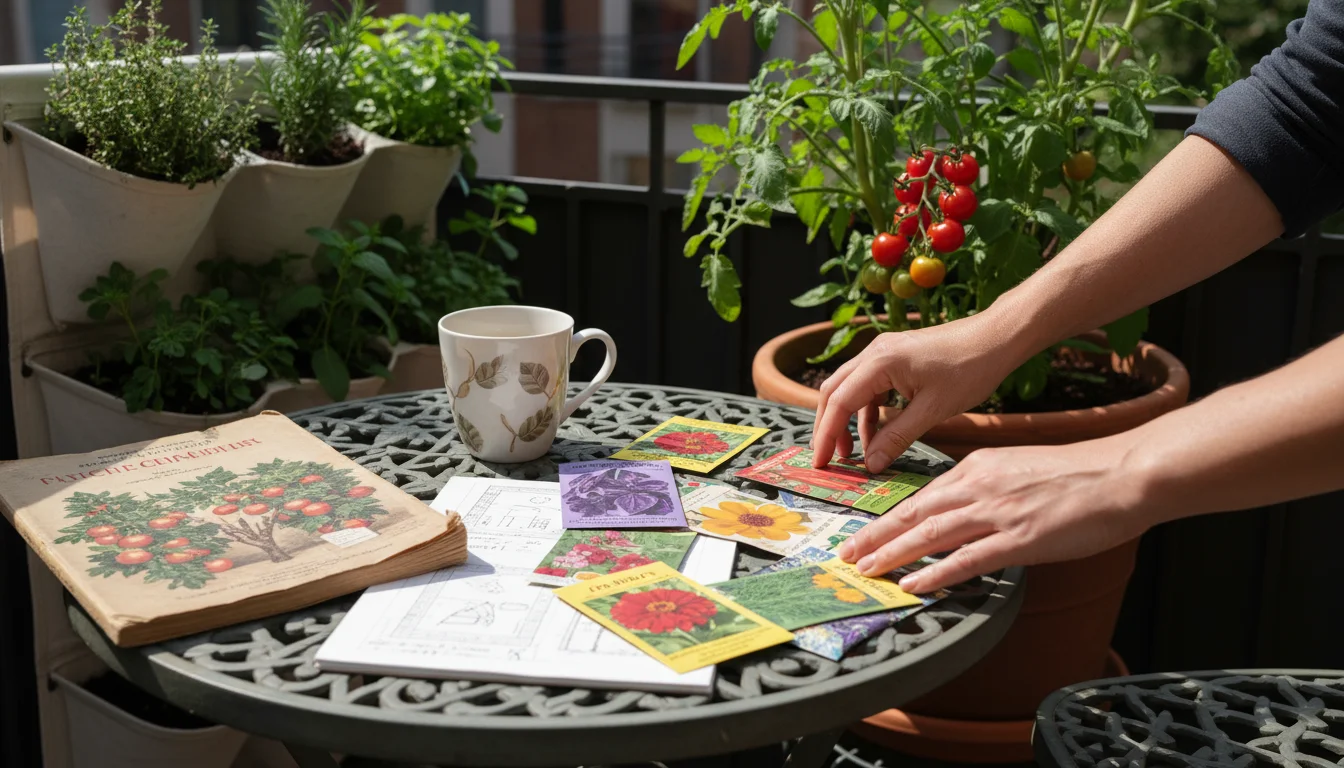 Hands sorting seed packets on a patio table with an open garden catalog and notebook, container plants in background.