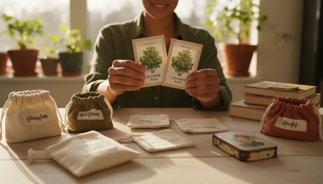 Hands sorting seed packets on a table, holding up two identical basil seed packets with organized containers nearby.