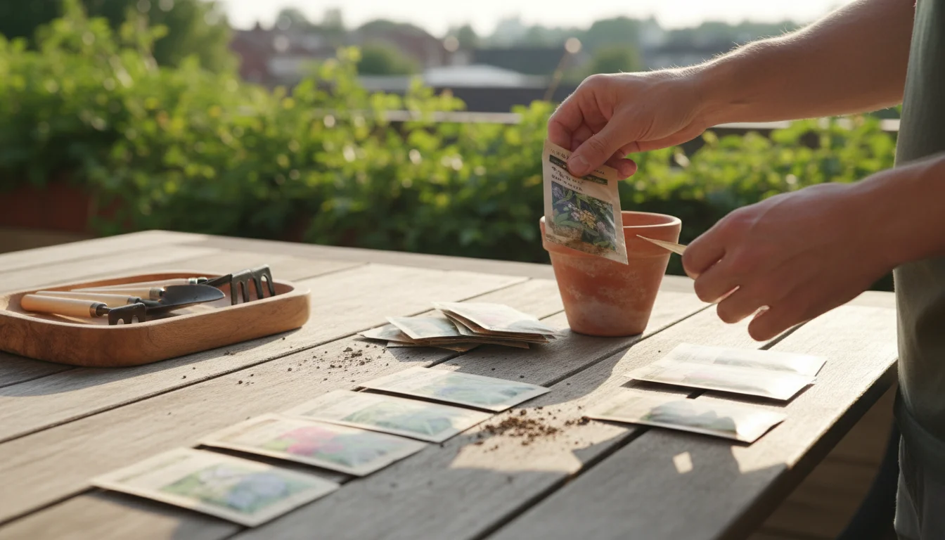 Hands sorting various seed packets on a rustic wooden table, with one hand discarding a damaged packet next to an empty pot.