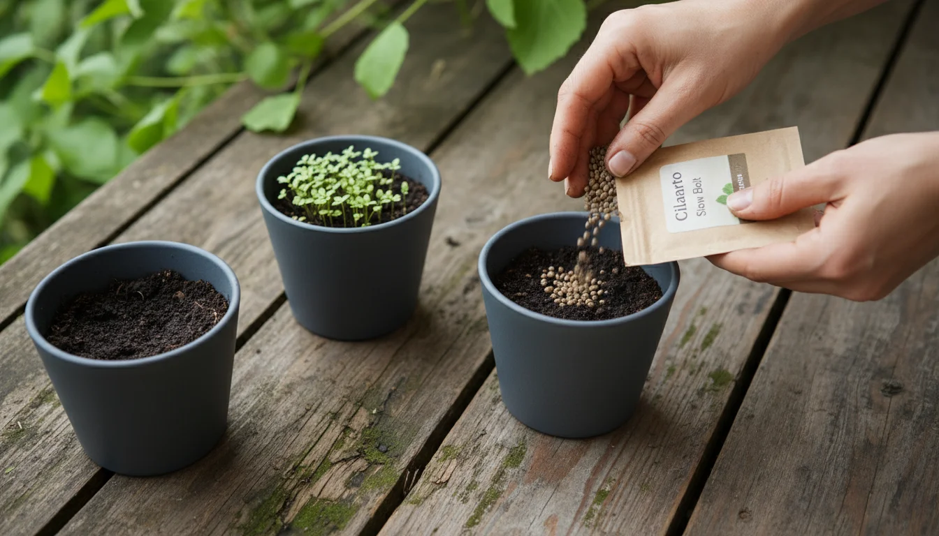 Hands sow cilantro seeds into a pot on a balcony; nearby pots show tiny sprouts and fresh soil, demonstrating staggered planting.