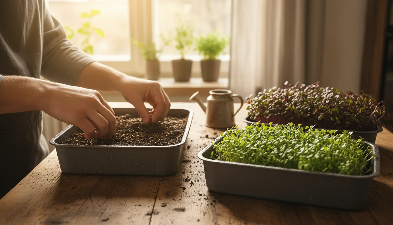 Close-up of hands sowing microgreen seeds into a small tray on a kitchen counter, flanked by two other trays showing different growth stages (sprouts,