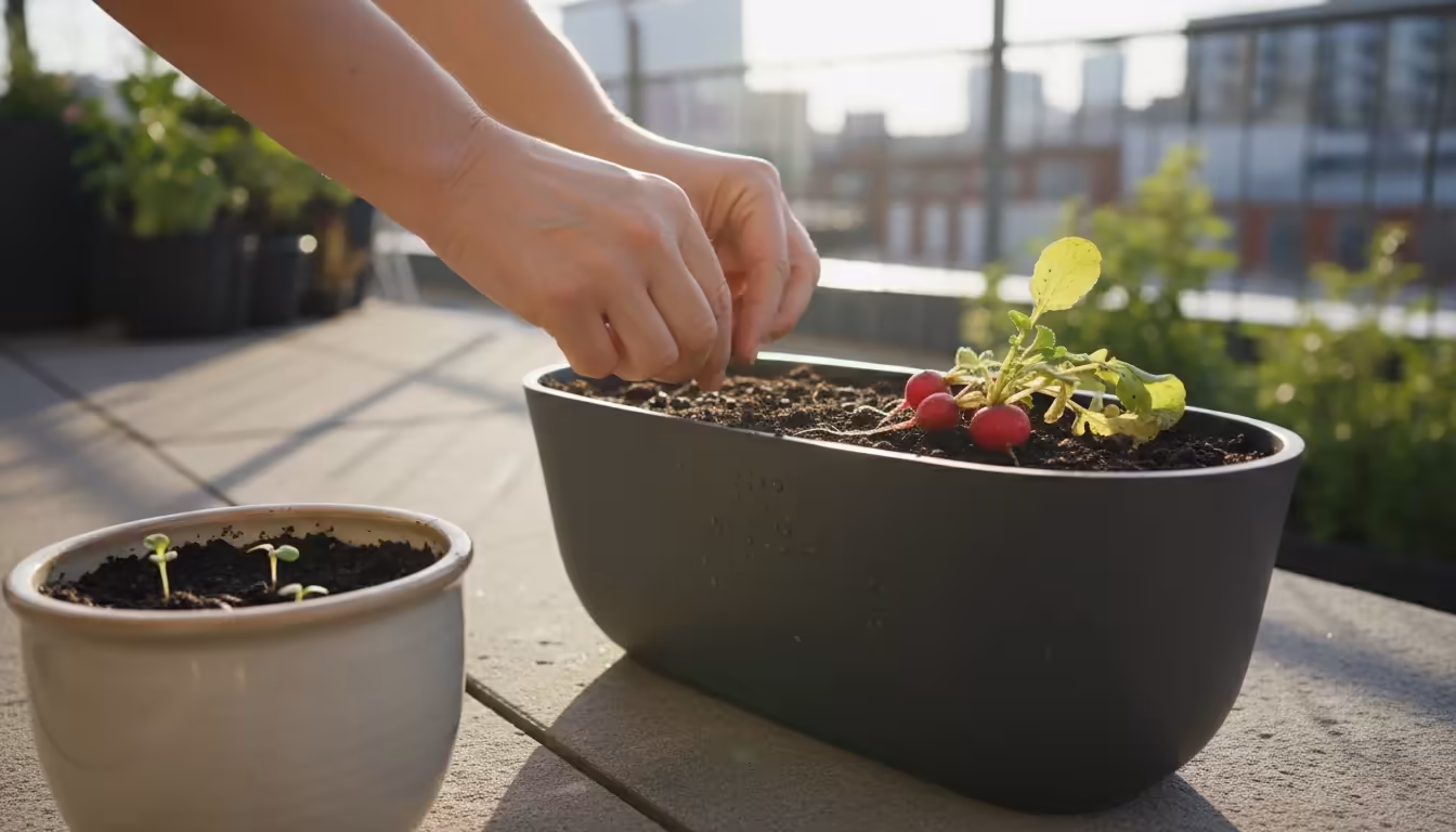 Hands sowing seeds into a balcony planter next to remnants of harvested radishes, with new sprouts and seed packets nearby on a sunny patio.