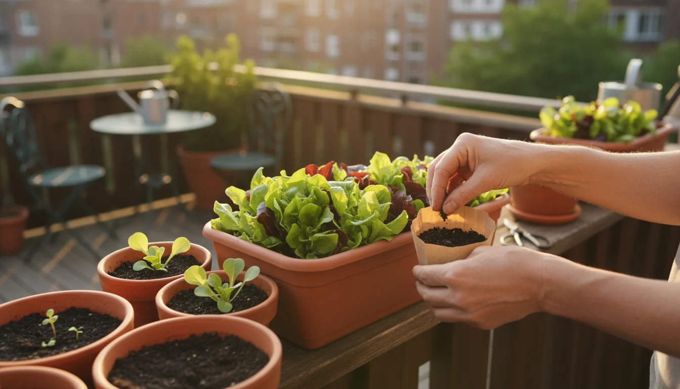 Close-up of hands sowing seeds in a terracotta pot on a balcony railing, next to containers of salad greens at different growth stages, in golden ligh