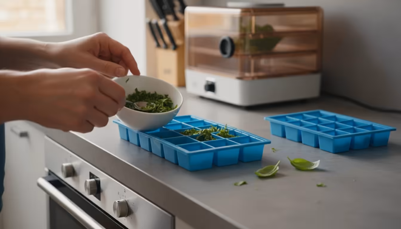 Hands spoon chopped basil into silicone ice cube trays on a modern kitchen counter, with a dehydrator and oven visible in the soft background.