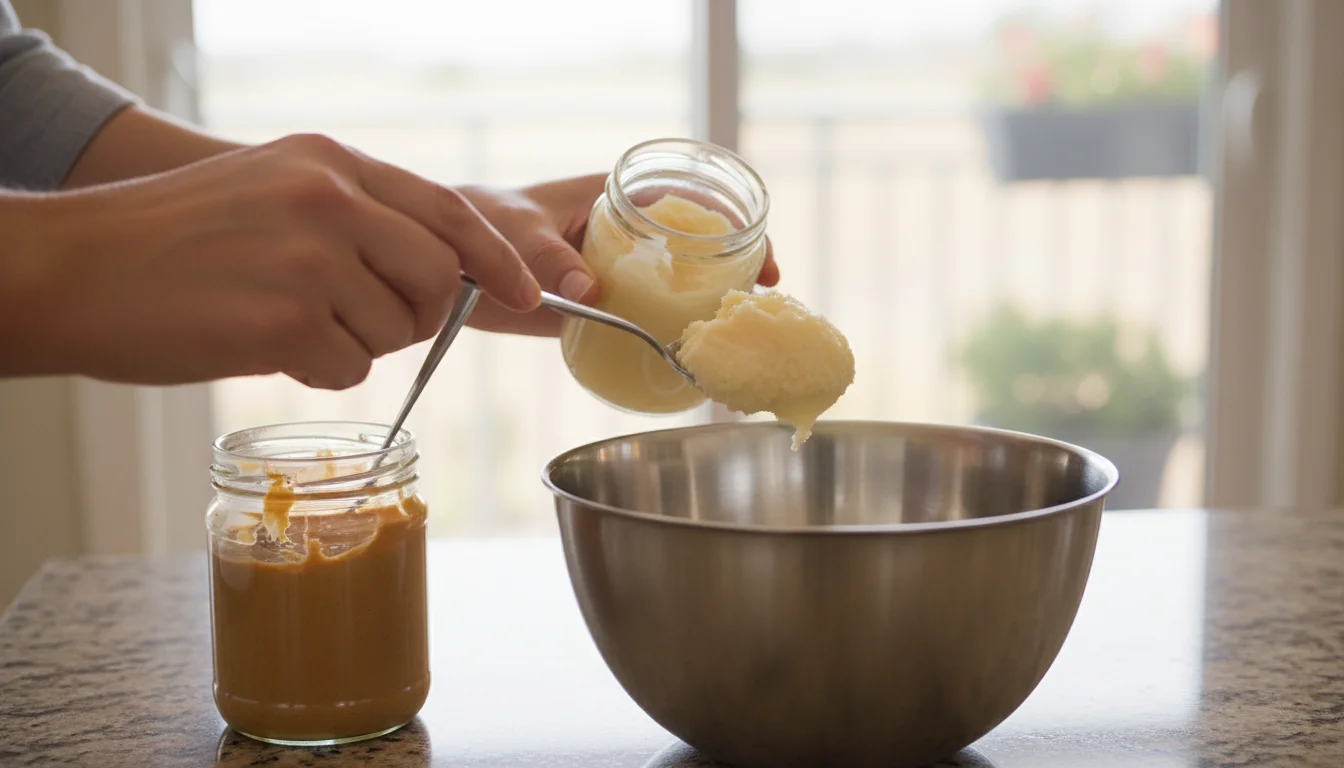 Hands spoon firm rendered beef suet from a glass jar into a mixing bowl, next to an open jar of unsalted peanut butter.