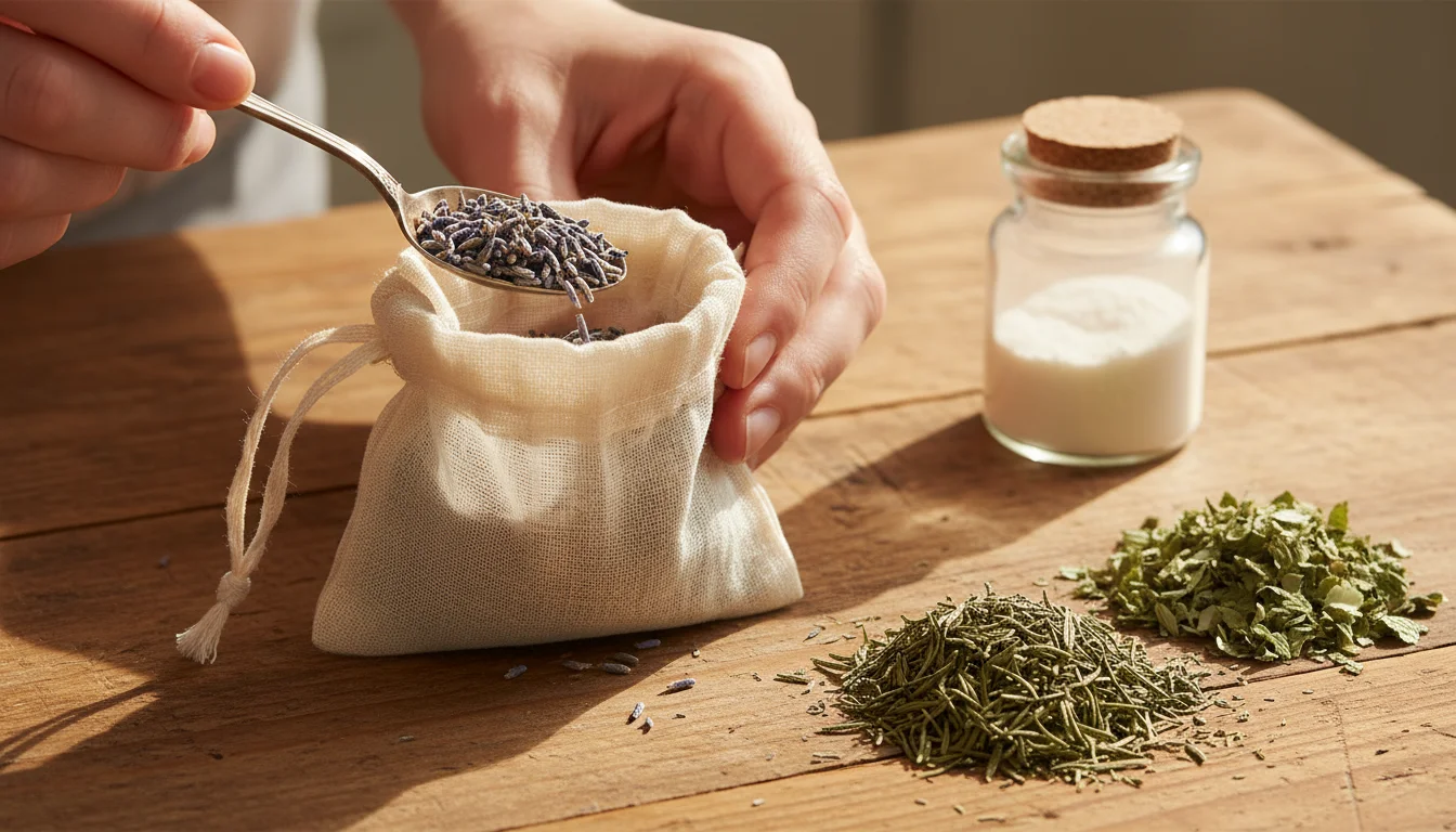 Hands gently spooning dried lavender into a muslin sachet bag on a wooden counter, next to piles of dried rosemary and mint.
