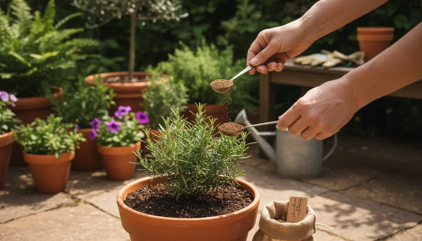 Close-up of hands carefully spooning granular organic amendment into a thriving potted rosemary on a sunlit patio, emphasizing targeted care.